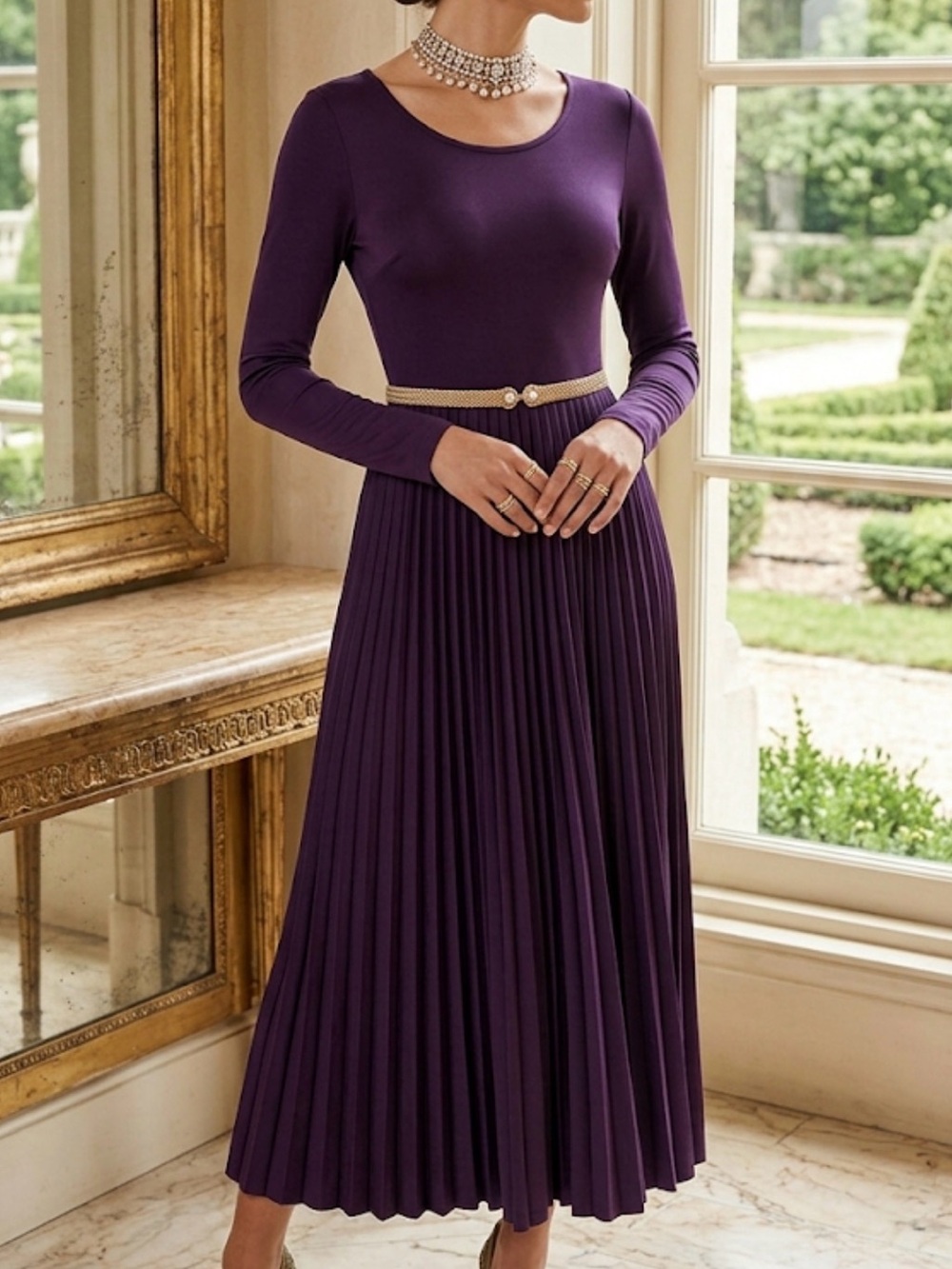Jamie Brooke‎ Purple Pleated Midi Dress Long Sleeve Round Neck Small